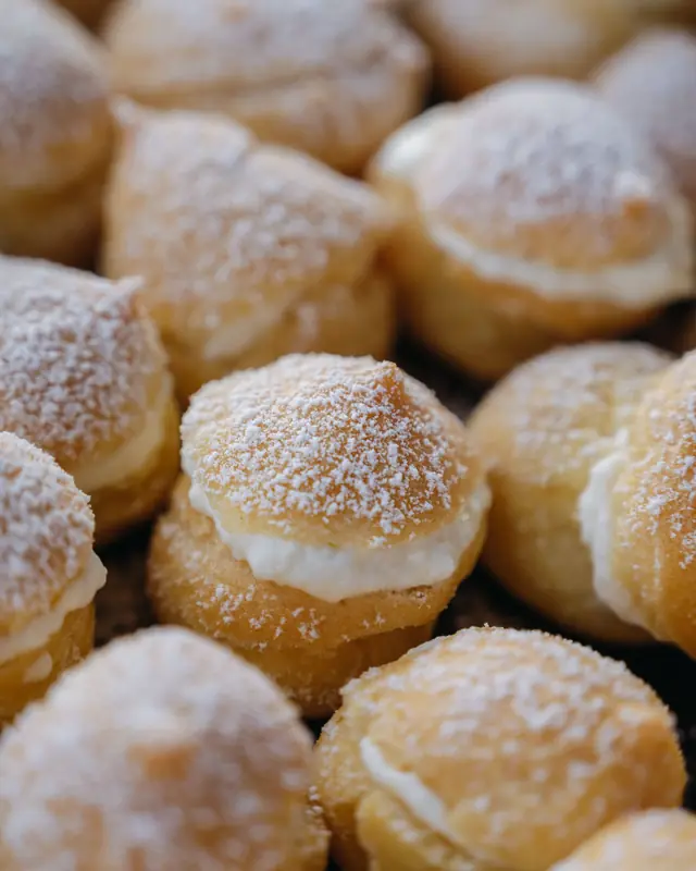 Brioche ripiene di crema, spolverate di zucchero a velo, appena sfornate