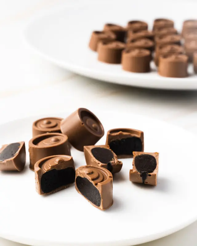 Cioccolatini assortiti di forme diverse disposti su un piatto bianco