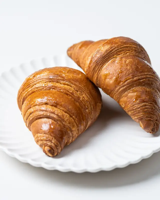 Due cornetti sfogliati su un piatto di ceramica bianca a coste